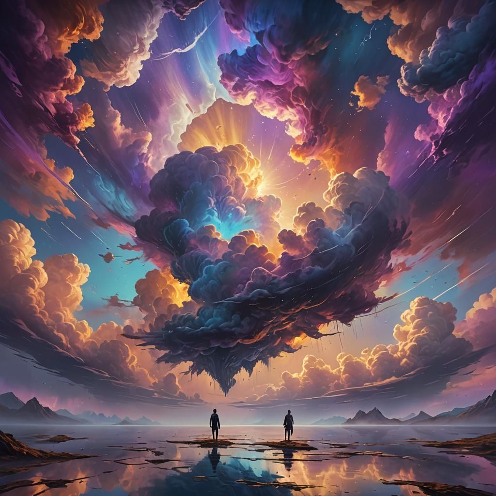 Surreal Couple Floating in Haunting Distorted Sky