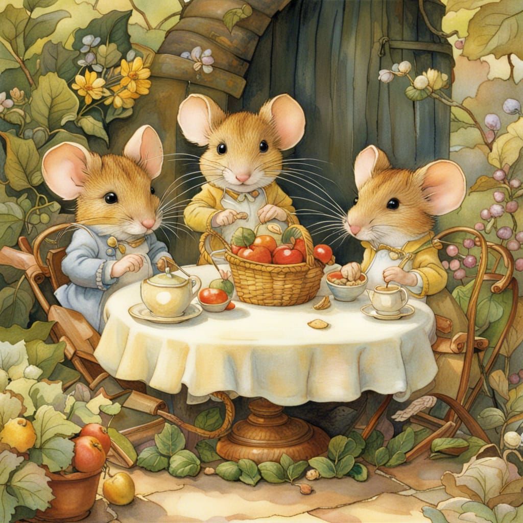 Mice Garden Party in Storybook Style