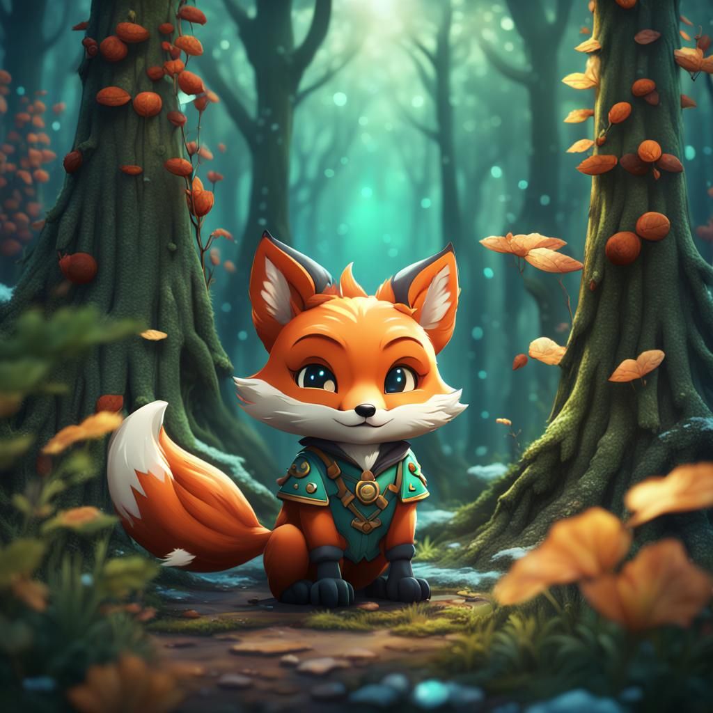 Cute Chibi Fox in Forest: Fantasy Concept Art