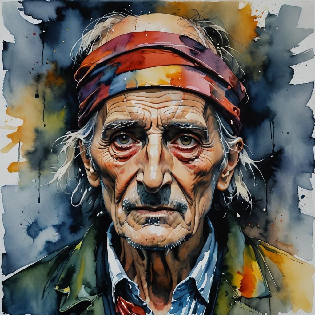 Expressive Watercolour Portrait of Blindfolded Beggar