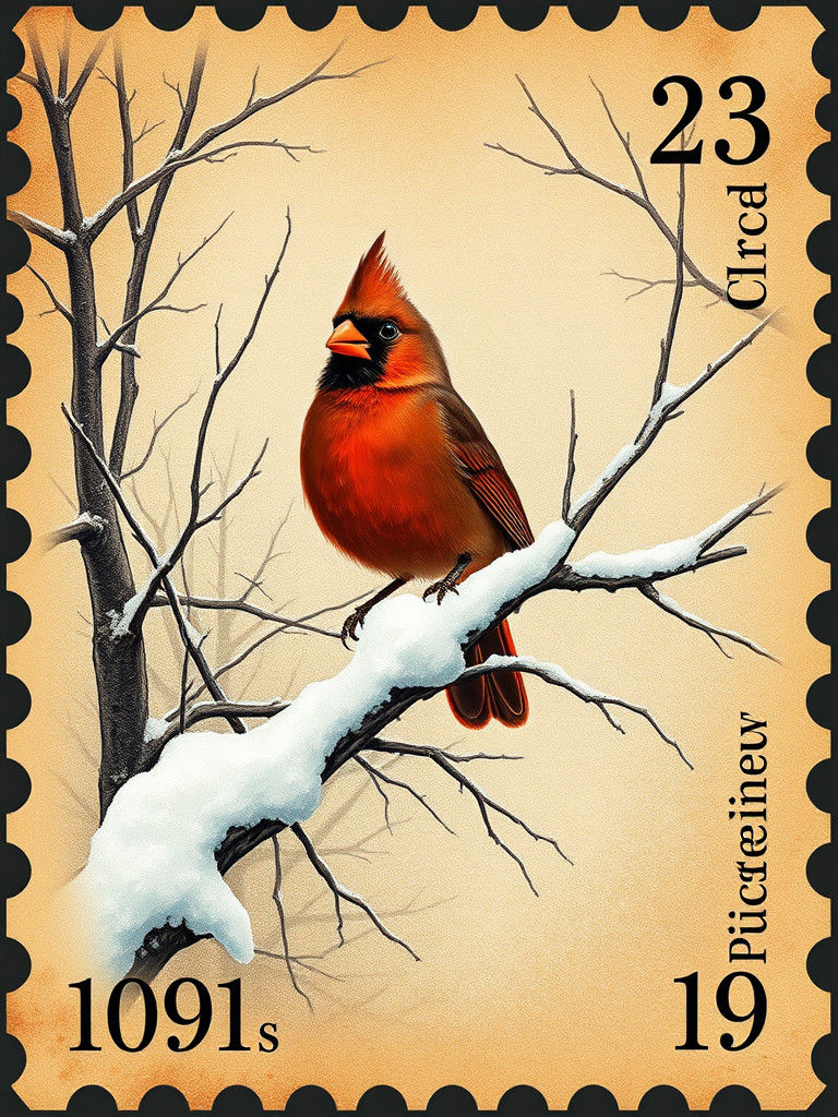 Cardinal in Winter, Vintage Illustration Style