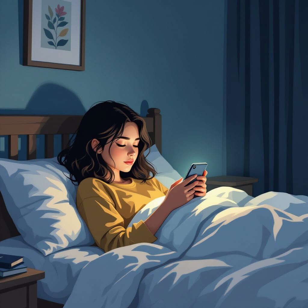 Melancholic Girl Stares at Ceiling in Digital Illustration