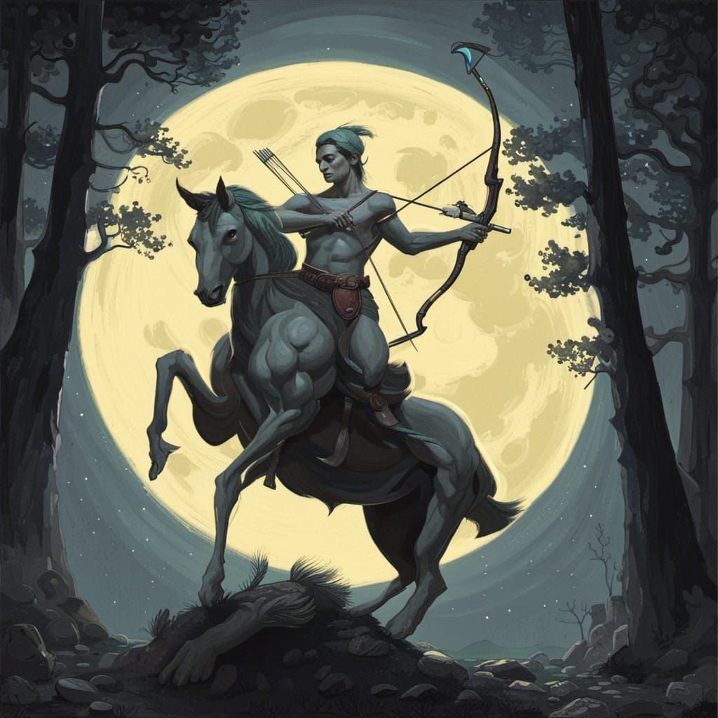 Centaur Archer in Dark Forest, Sinister Fantasy Art