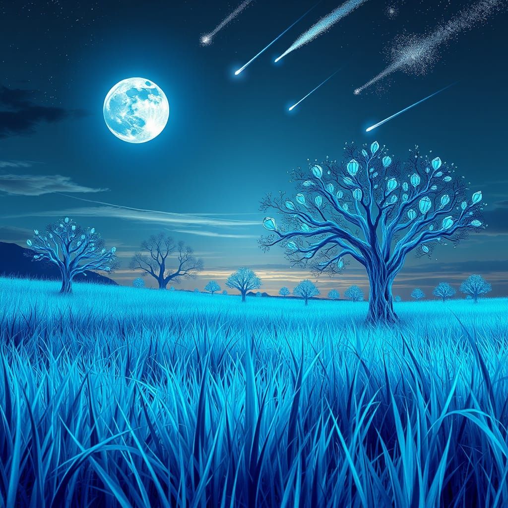 Electric Blue Dreamscape Under a Radiant Full Moon