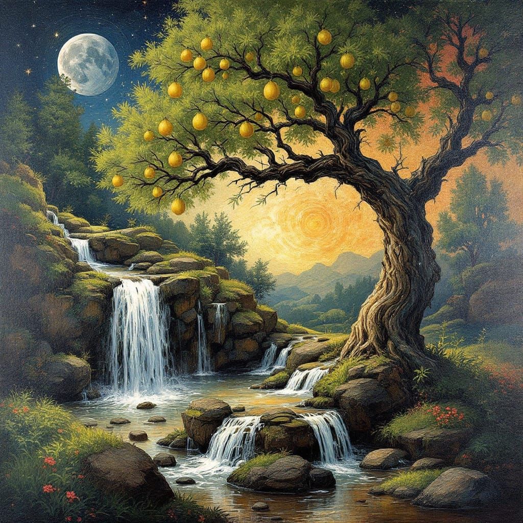 Vibrant Impasto Painting of a Pear Tree in a Dreamlike State