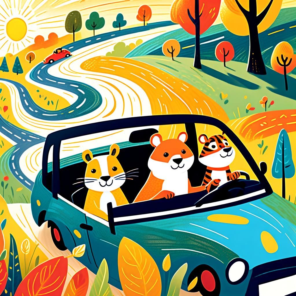 Animals on a Joyful Road Trip: Storybook Illustration