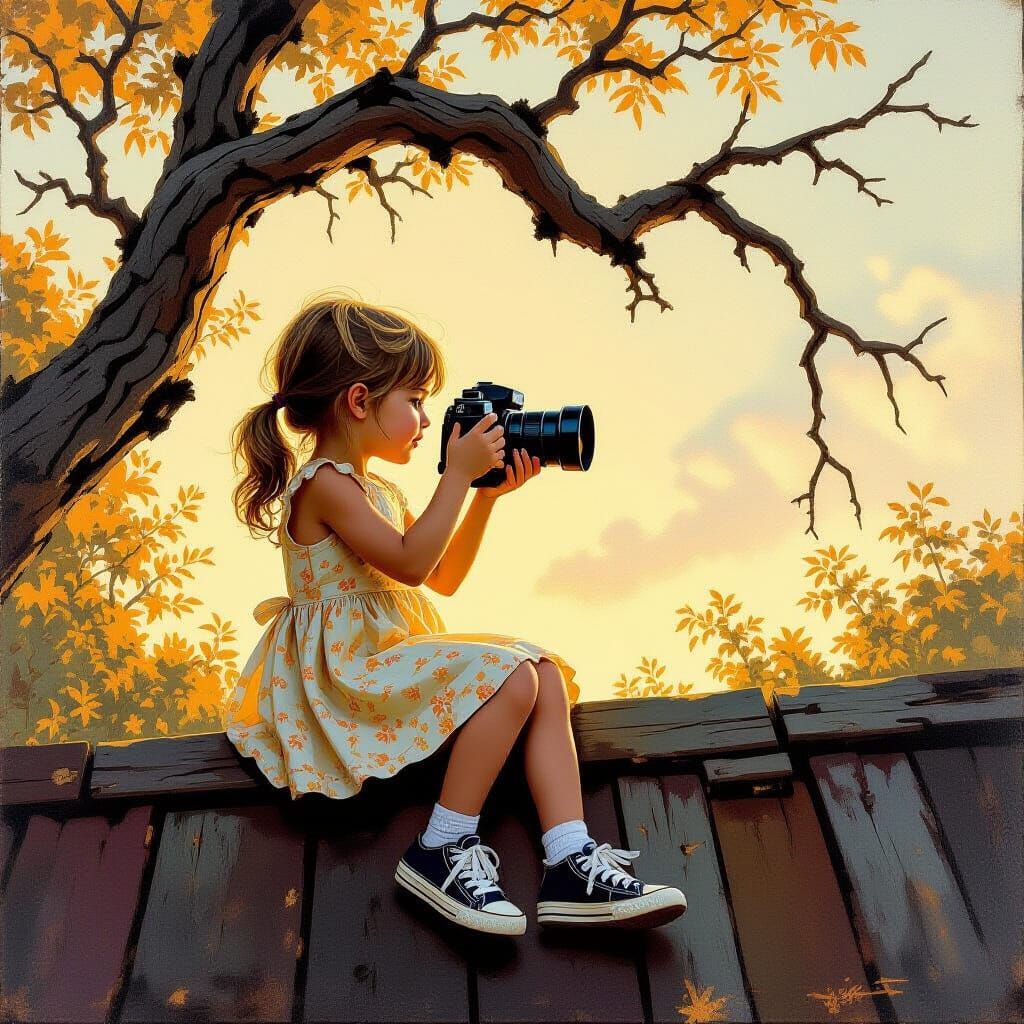 Girl on Roof Photographing Branch, Oil Painting Style