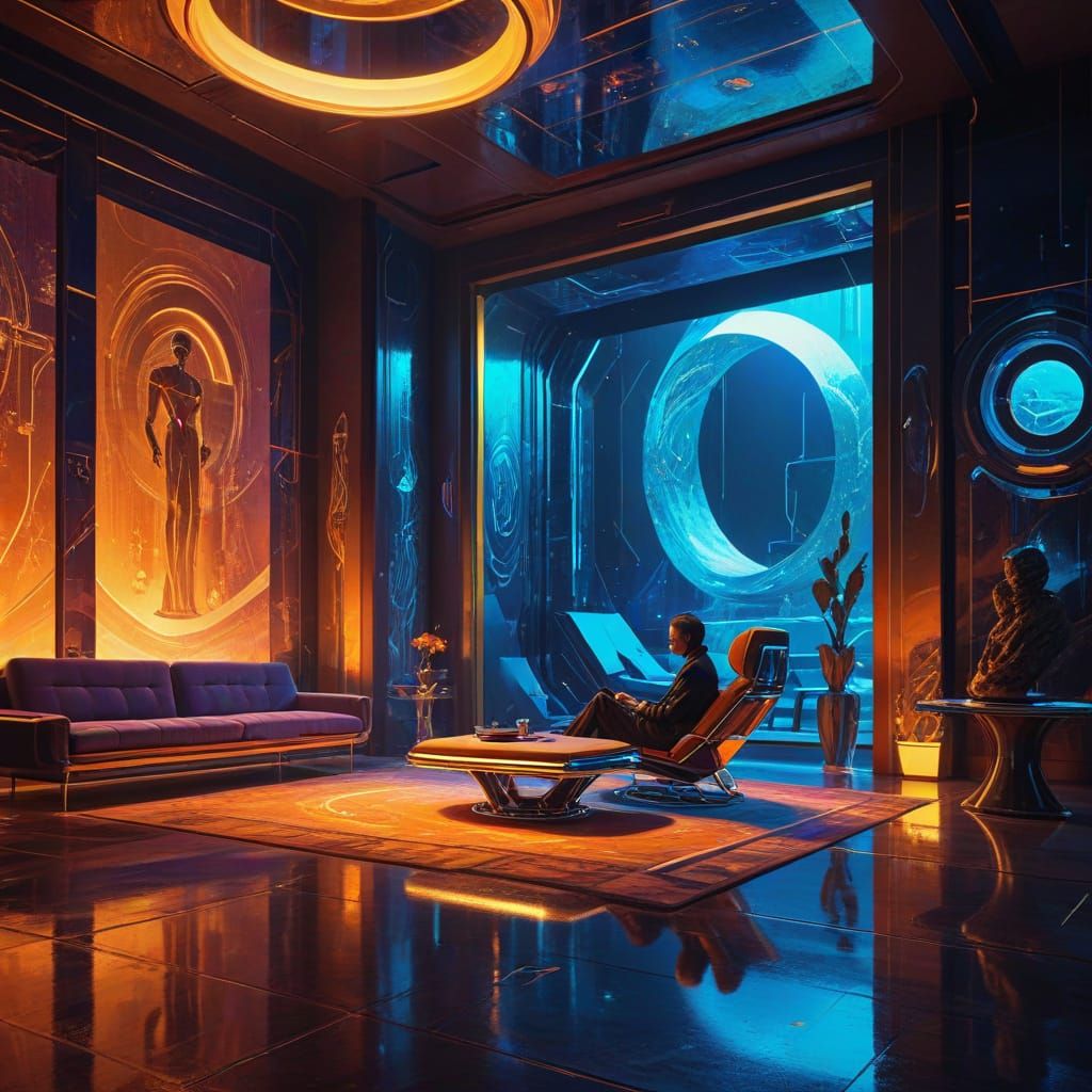 Retro-Futuristic Living Room with Holographic Artifacts