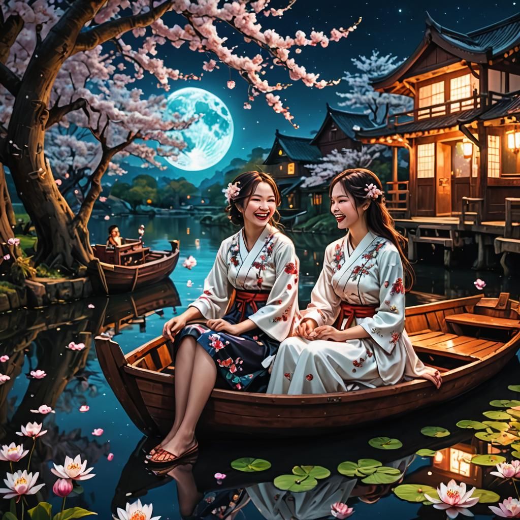Sisters in Cherry Blossom Boat: Anime Style