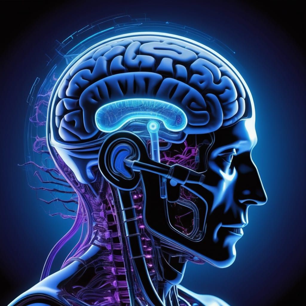 Futuristic Human Brain in Electric Blue and Purple Hues