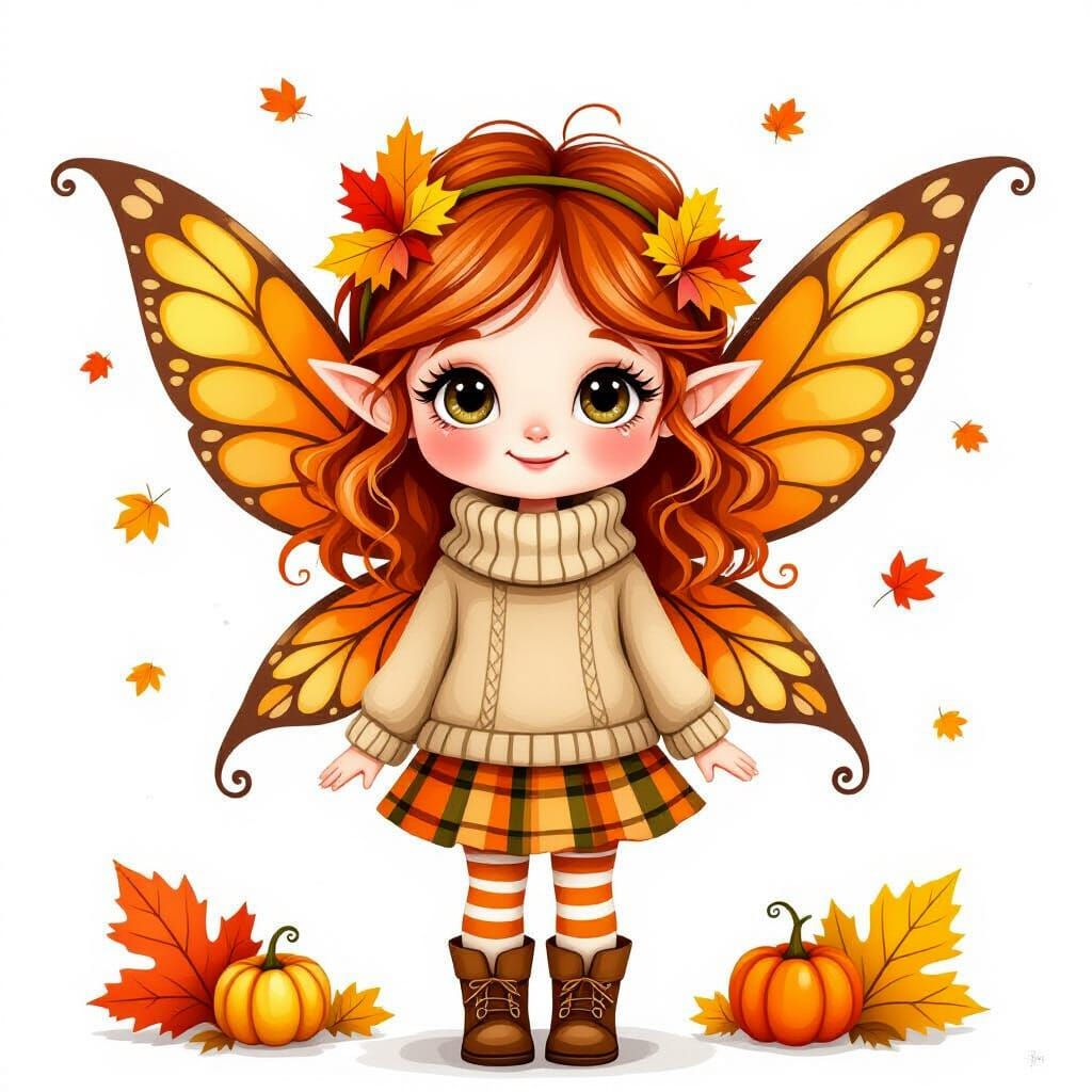 Cute Autumn Fairy Girl with Leaf Wings