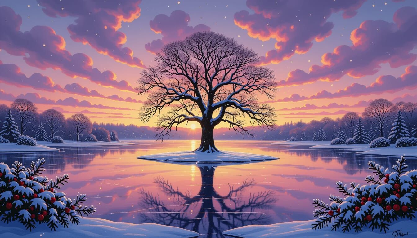 Winter Oak Tree on Frozen Lake: Oil Painting