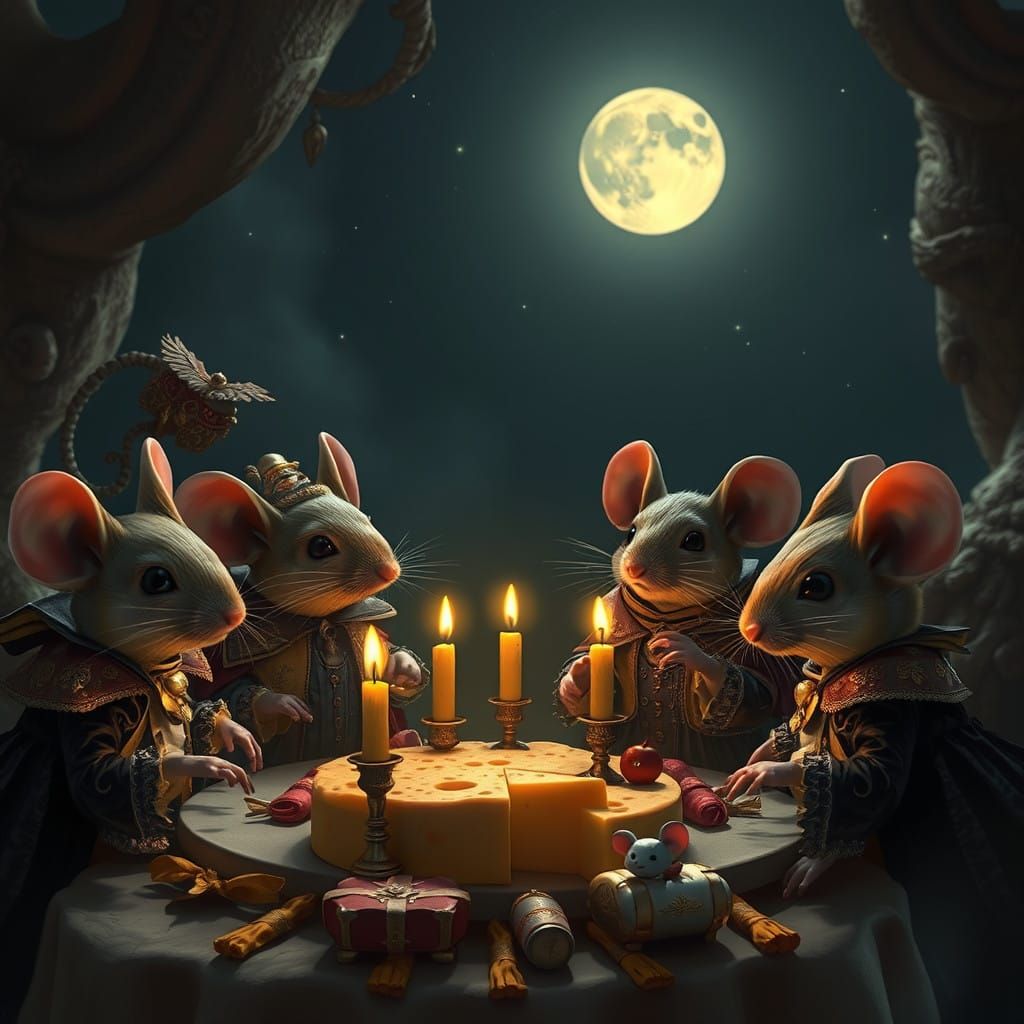 Mice in Whimsical, Golden Attire Gather for a Grand Feast or...