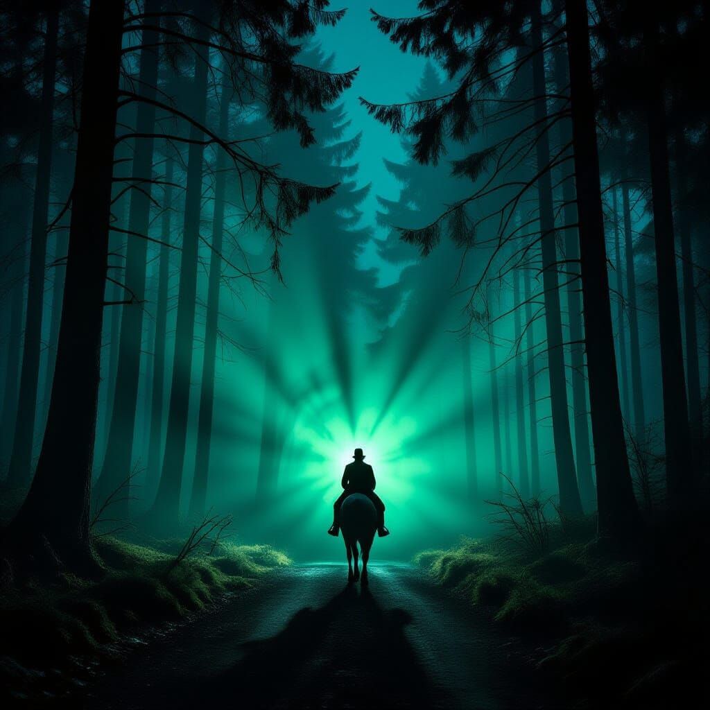 Eerie Green Light in Dark Forest: Horse Rider Paused