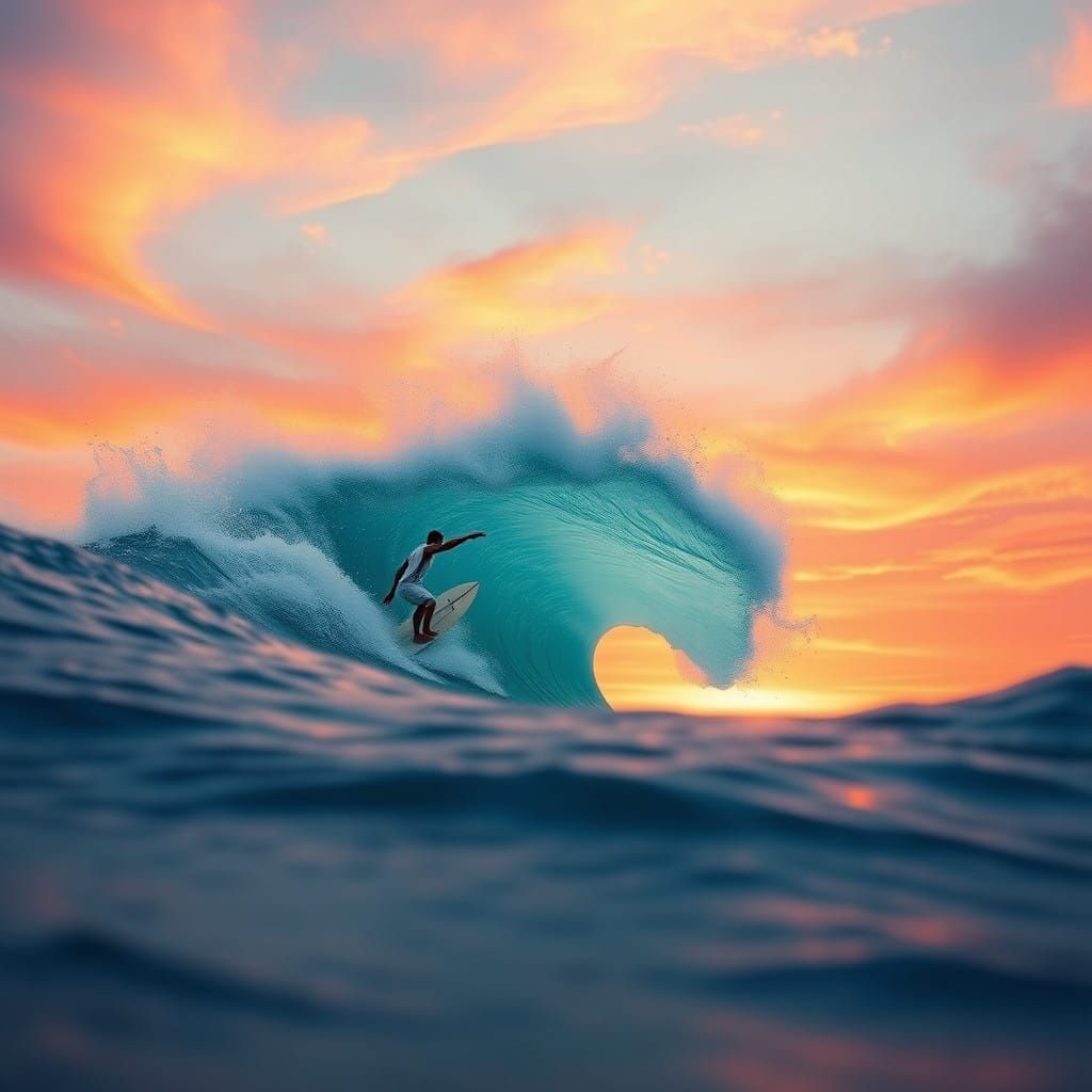 Surfer Riding Majestic Wave in Vibrant Sunset, Vintage Longb...