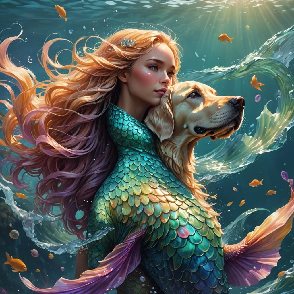 Mermaid Retriever Swimming: Fantasy Portrait Concept Art