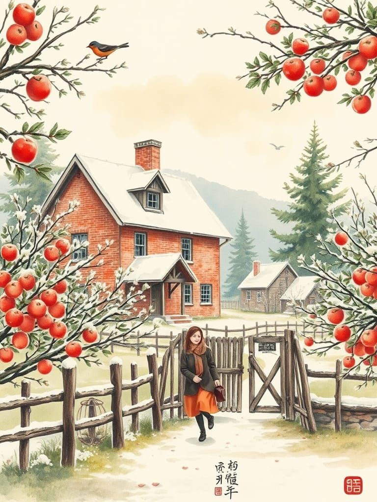 Charming Winter Farmhouse Scene in Watercolor Style