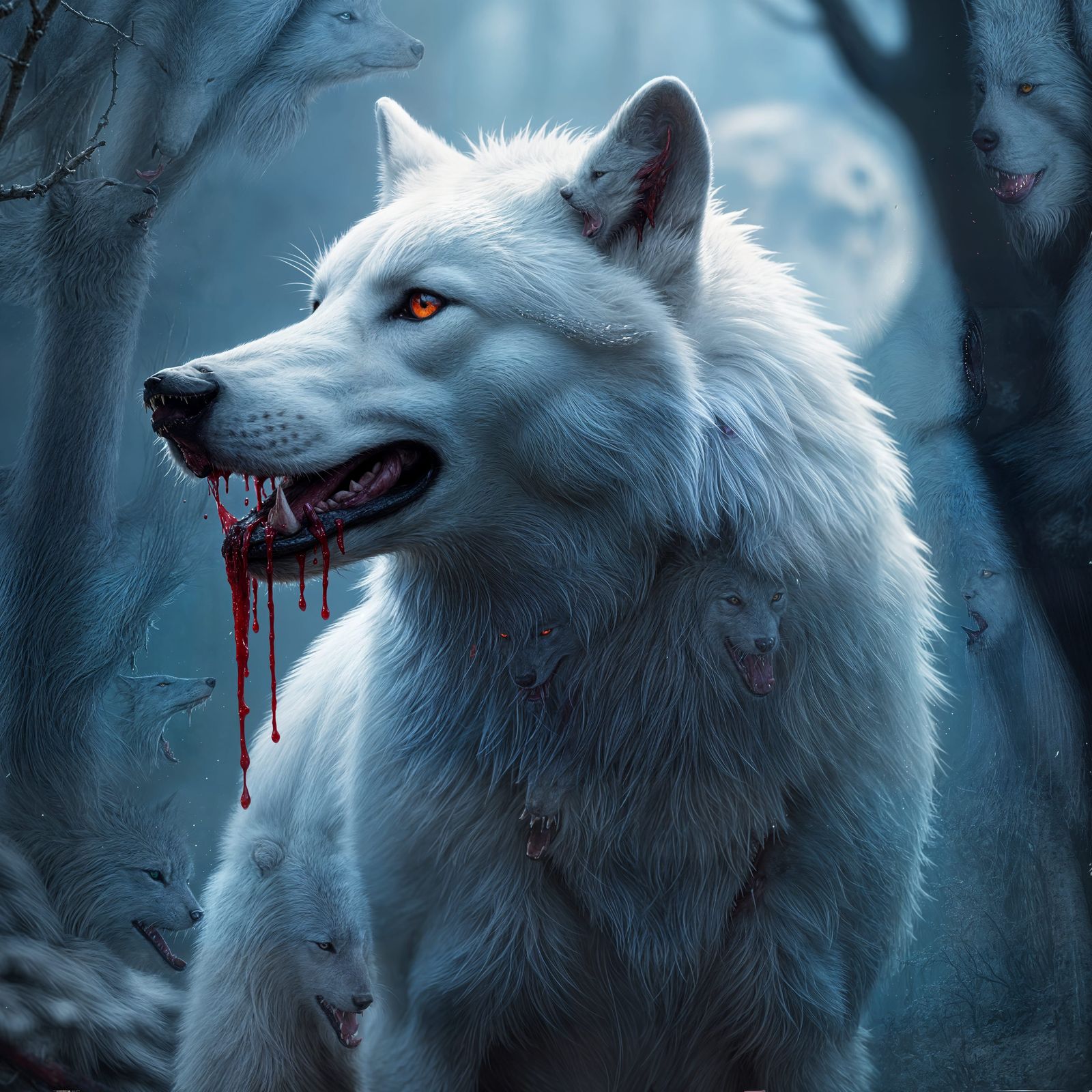 White Wolf with Bloody Mouth: Detailed Matte Painting