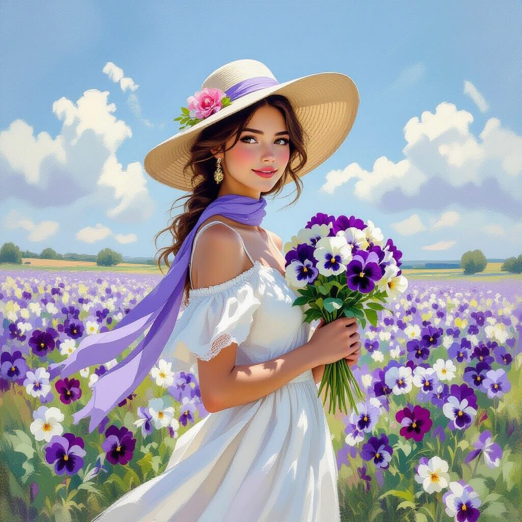 Impressionist Woman with Pansies in a Flower Field