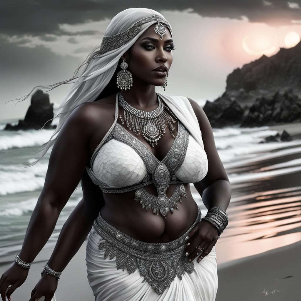 Arab Woman and Shaman Watching Mermaid: Fantasy Art