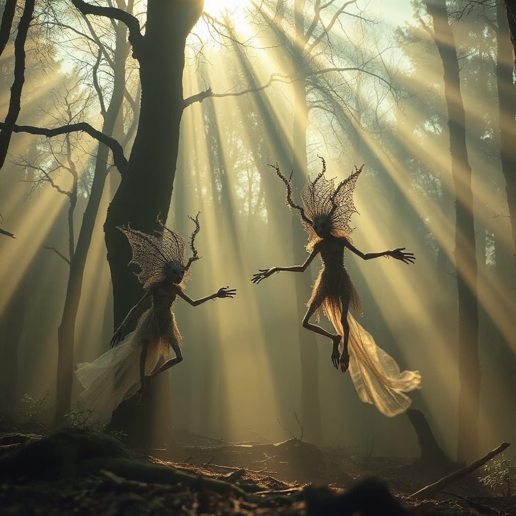 Surreal Aetherpunk Forest Beings Emerge from Morning Mist