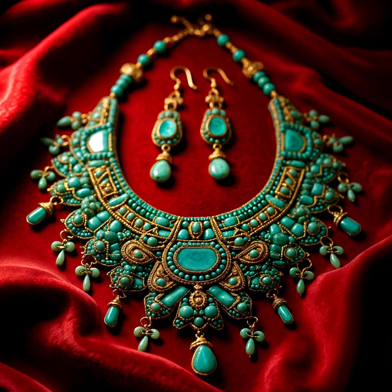 Mayan-Inspired Turquoise Jewelry Set in Luxurious Velvet Dis...