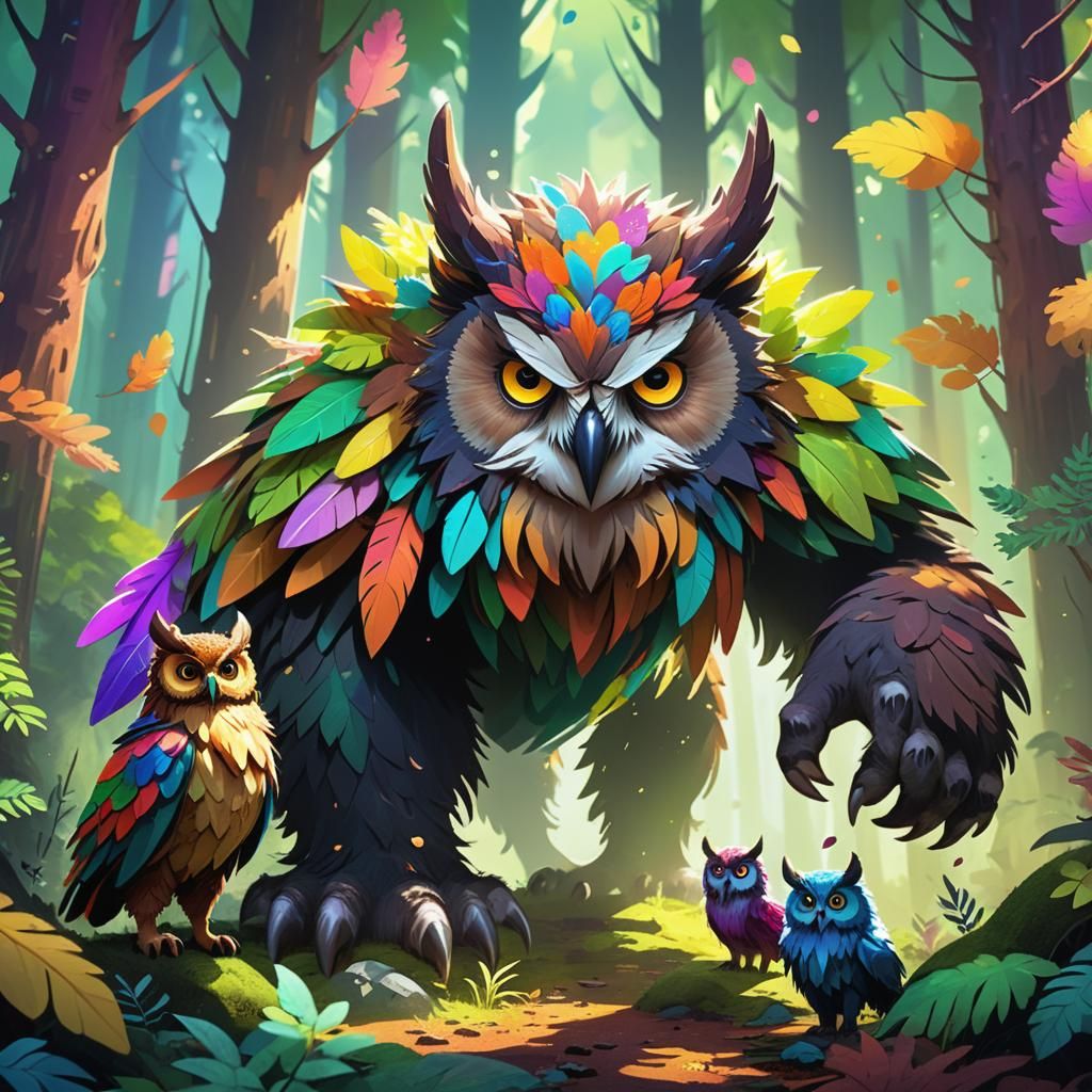 Owlbear and Furry Friends in Detailed Digital Painting