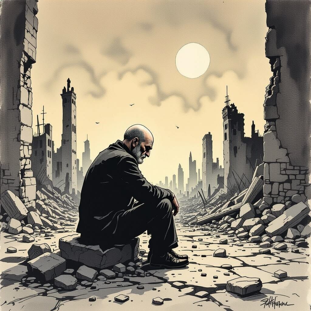 Man Contemplating Cultural Decline Amidst City Ruins