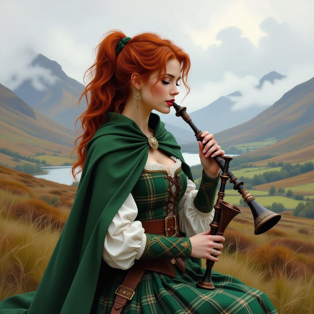 Scottish Highlands Bagpiper, Fantasy Oil Painting