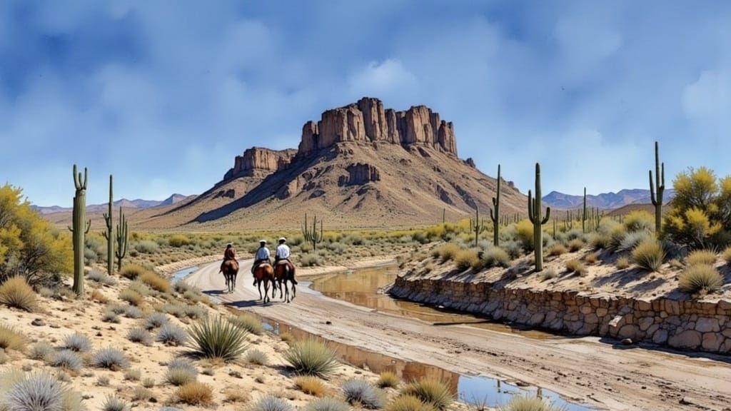 Mexican Bandits Ride Through Desert in Watercolor