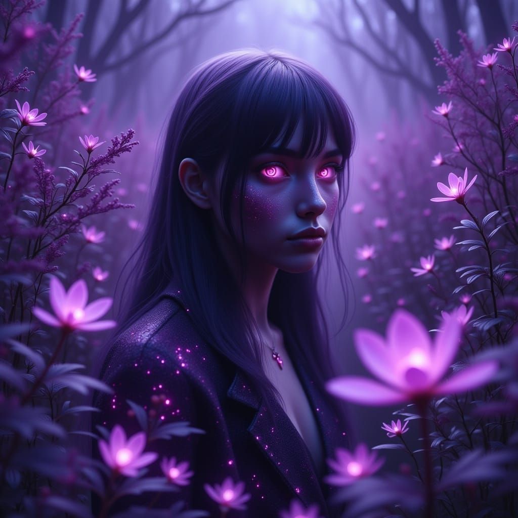 Bioluminescent Woman in Neon Dreamscape