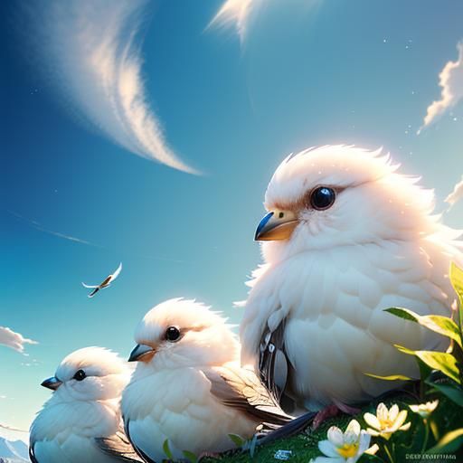 Whimsical Birds in Mountain Flower Scenery