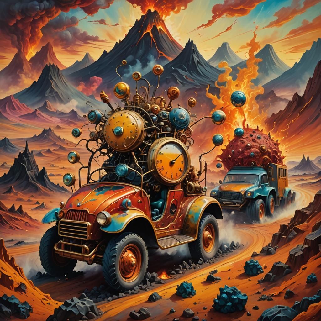 Surreal Creatures on Wheels in Volcanic Landscape