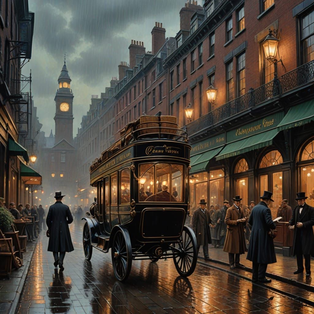 Victorian Era Gaslit Street Scene in Hyperdetailed Charcoal