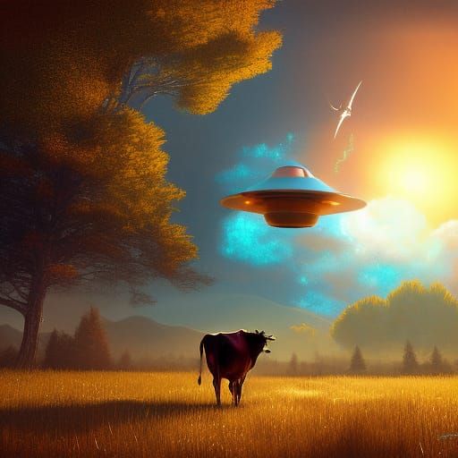 UFO Abduction: Cow's Golden Hour Journey