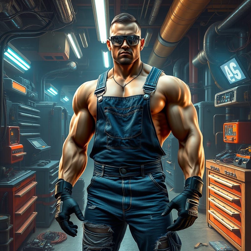 Cyborg Mechanic in Futuristic Garage