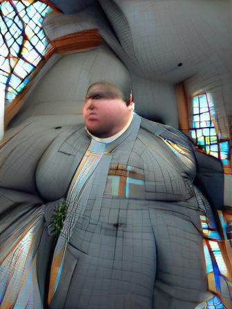 Hyperrealistic Image: Person in Fat Suit at Church