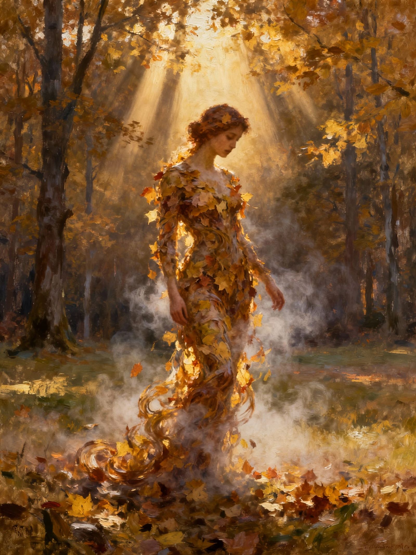 Autumn Figure of Leaves and Mist in Forest