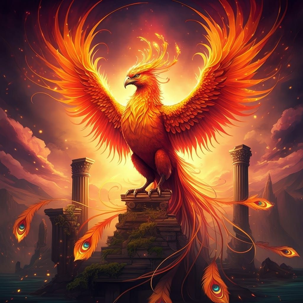 Majestic Phoenix Reigns Over Ancient Ruins in Vibrant Waterc...