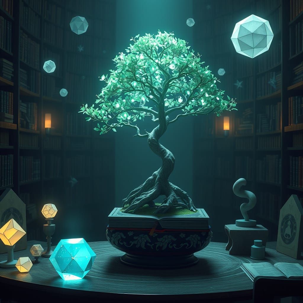 Ethereal Library Scene with Glowing Bonsai Tree in Soft Blue...