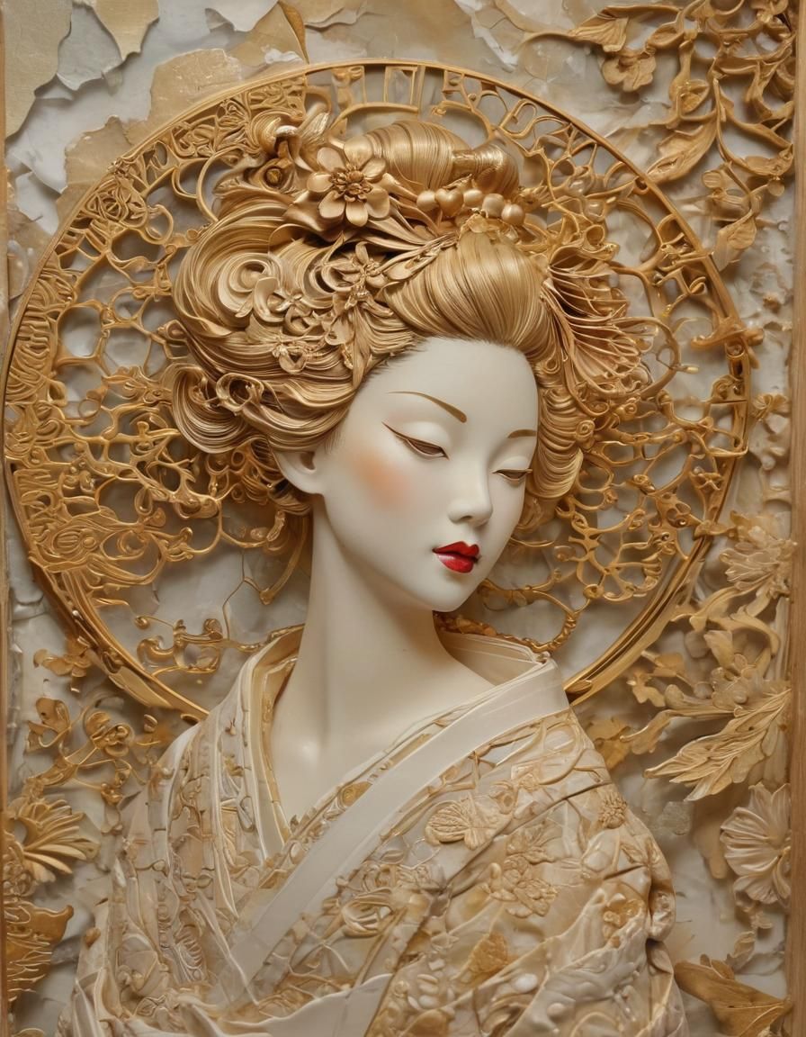 Geisha Mixed Media Collage with Gold Filigree