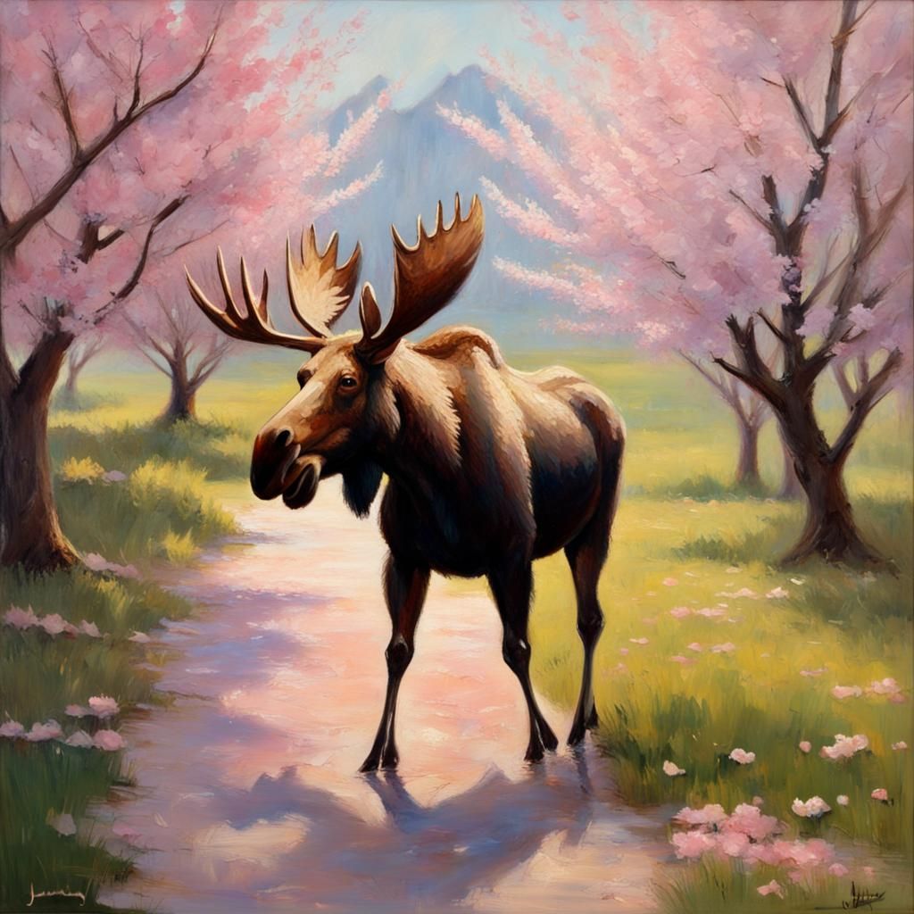 Moose in Cherry Blossom Orchard: Oil Painting