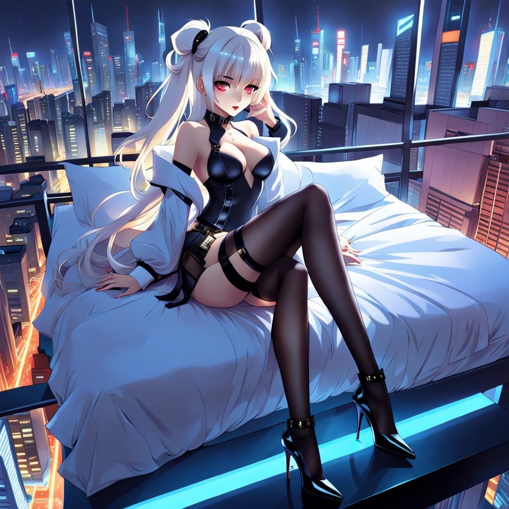 Cyberpunk Woman in Silk: City View