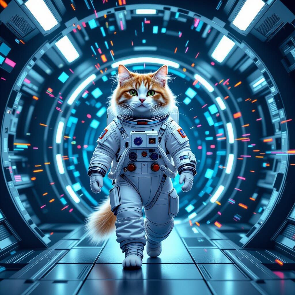 Angora Cat Astronaut Navigating Sleek Spaceship with Glitch ...