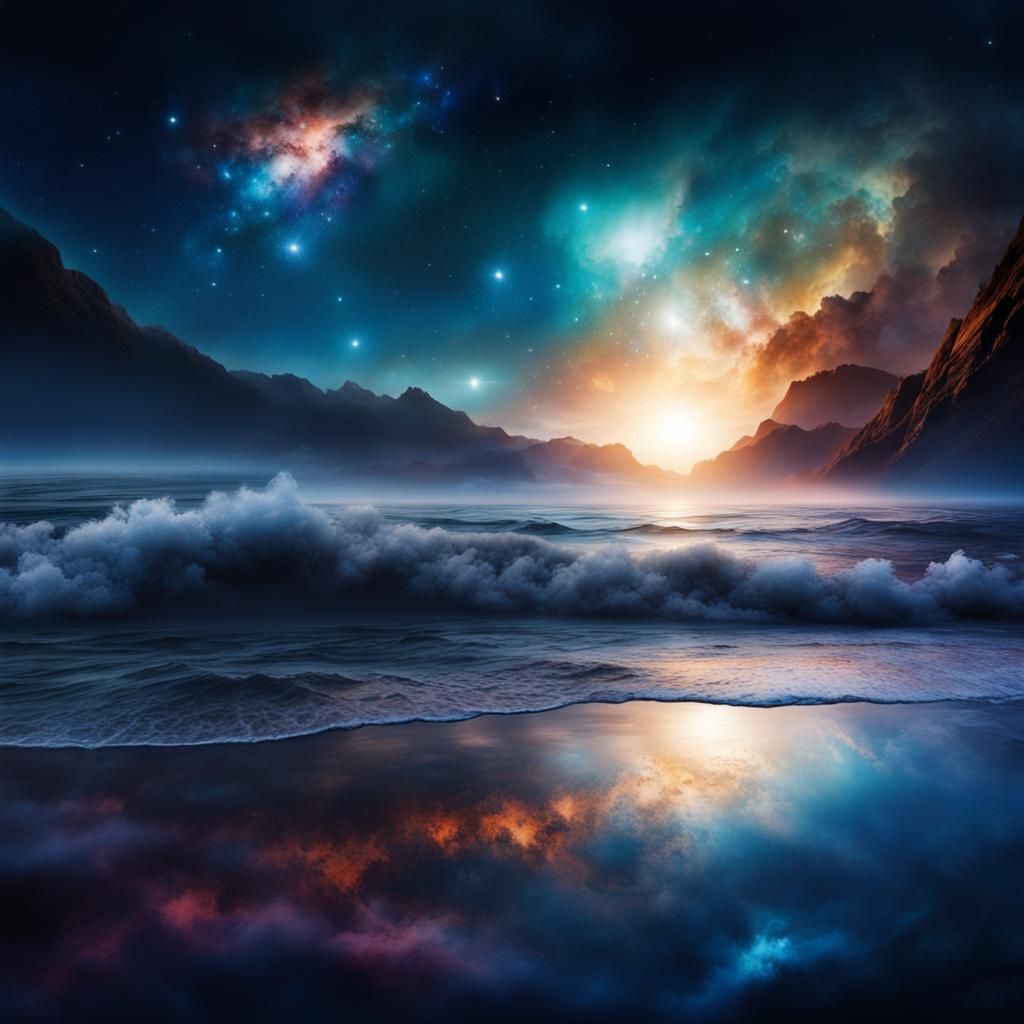 Seascape Galaxy Double Exposure in Digital Art