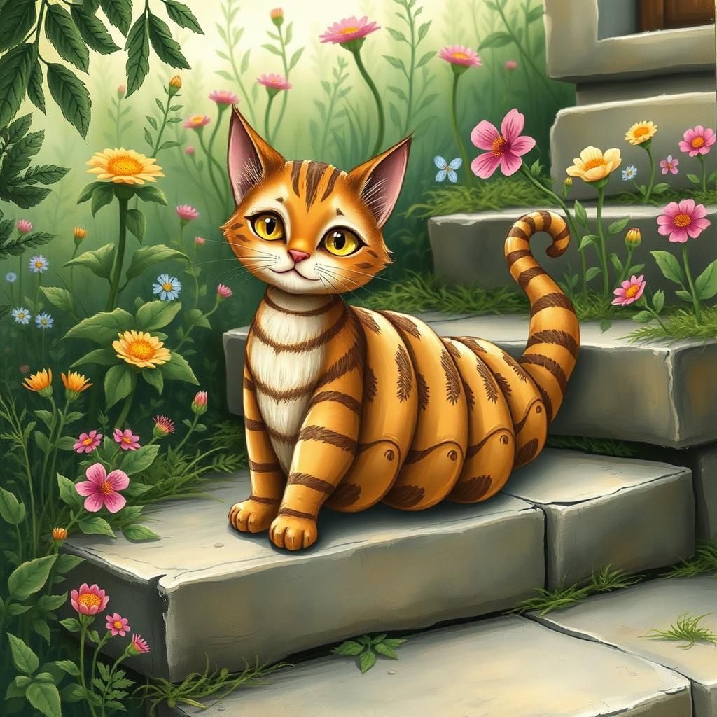 Whimsical Cat-Caterpillar Hybrid on Stone Step
