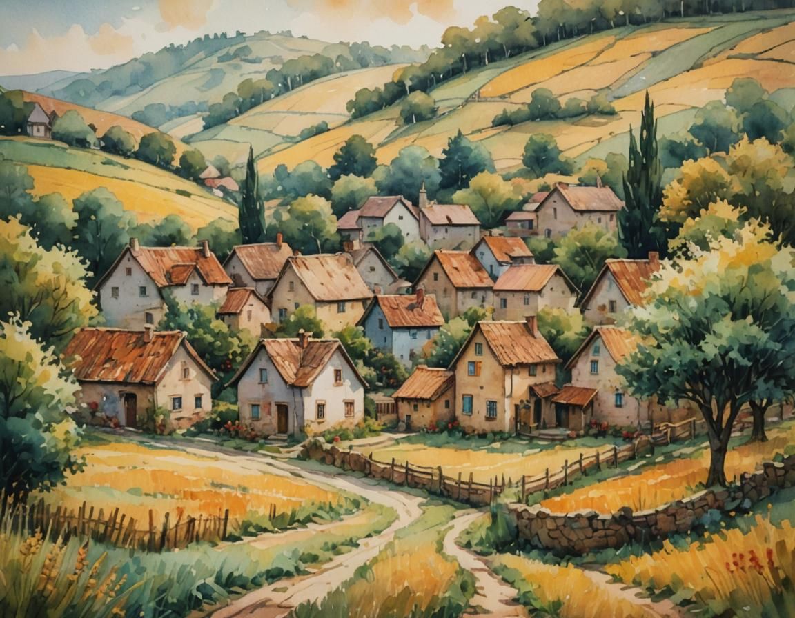 Picturesque Village Scene as Impressionist Folk Art
