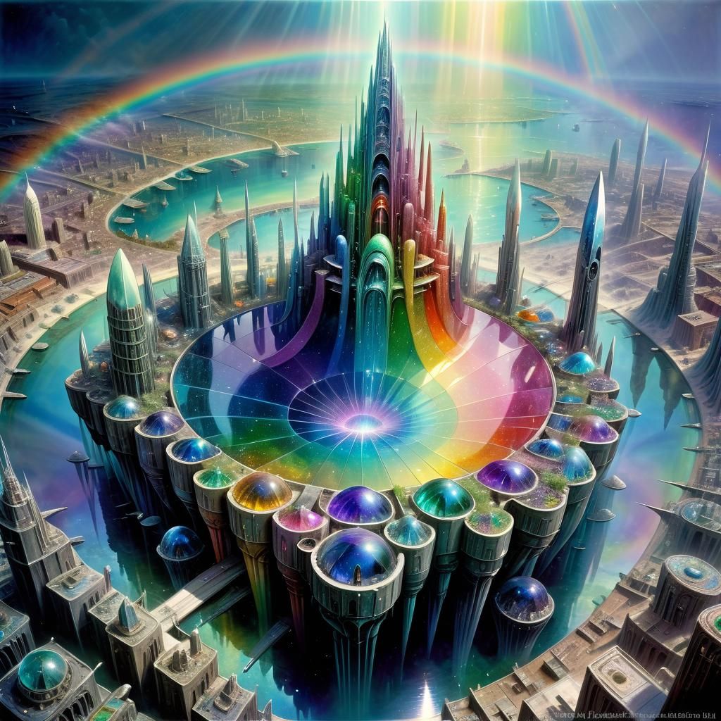 Glittering Rainbow Crystal Cityscape in Maximalist Style