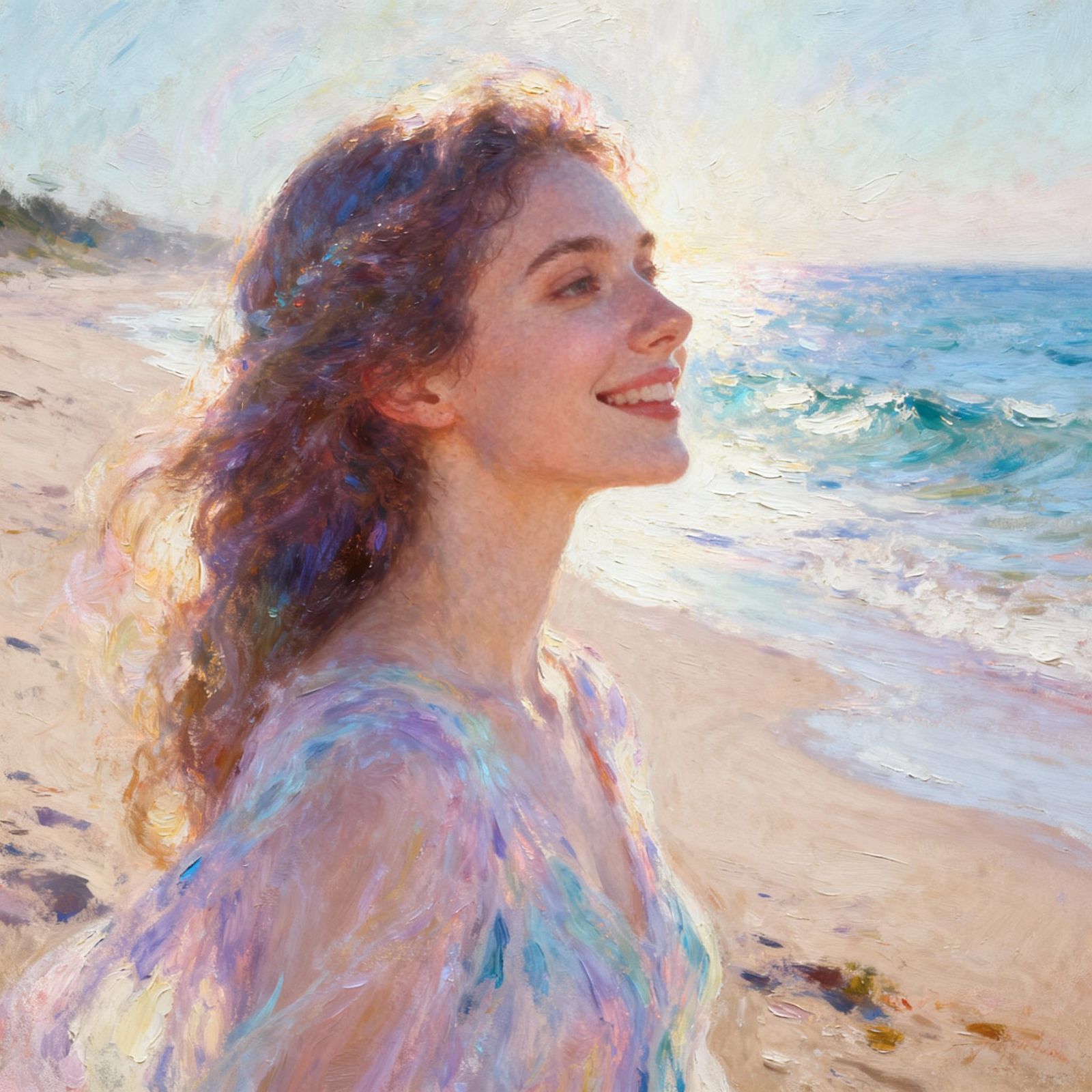 Oil Painting of Woman Listening to Sea on Dreamlike Beach