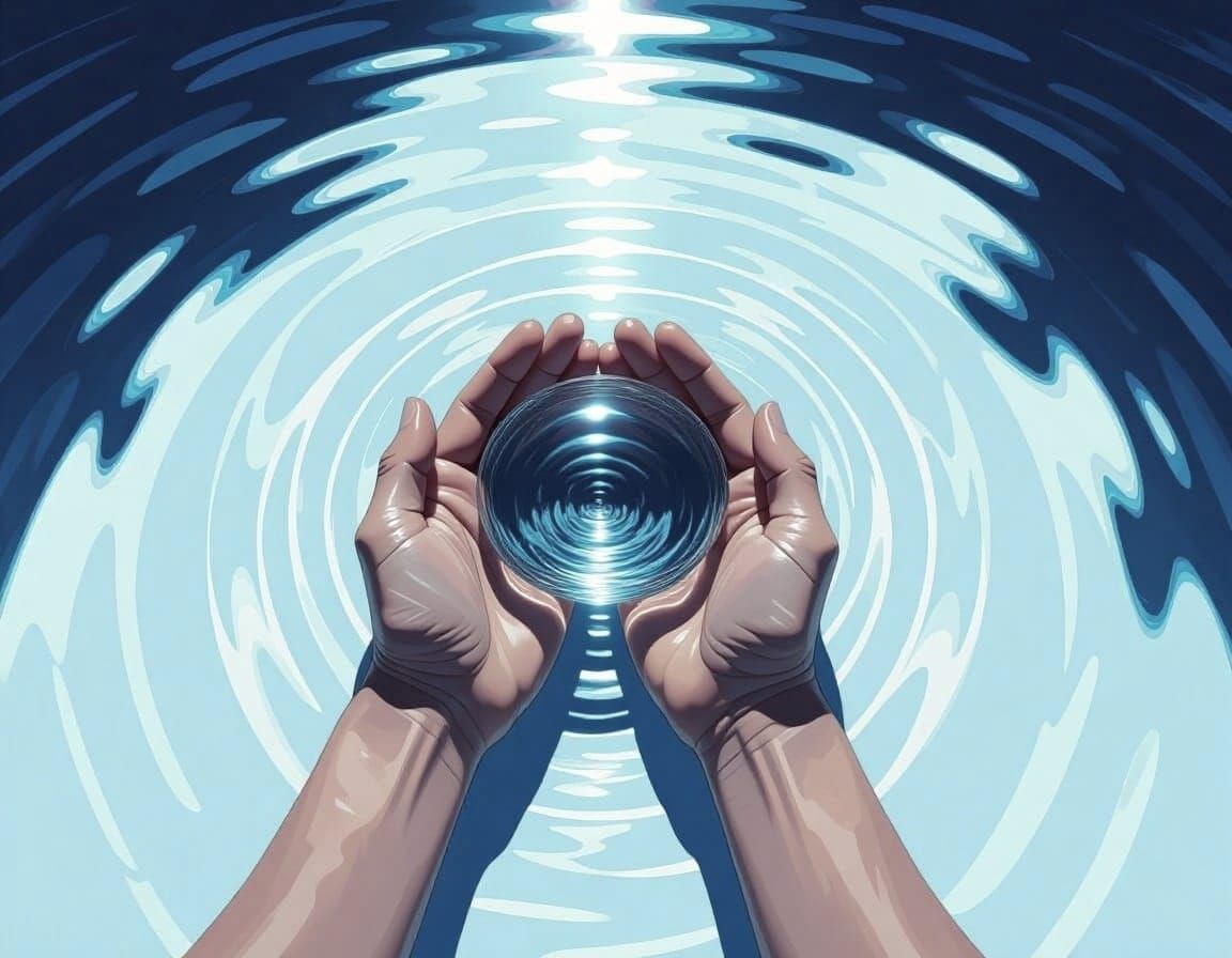 Hyperrealistic Hands Cupping Water in White Void